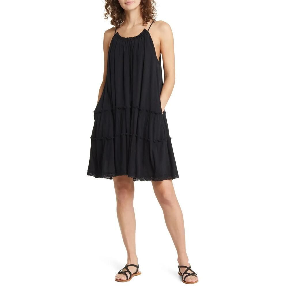Treasure & Bond Swing Dress Women's Medium Black  Cotton Blend Tiered Sleeveless